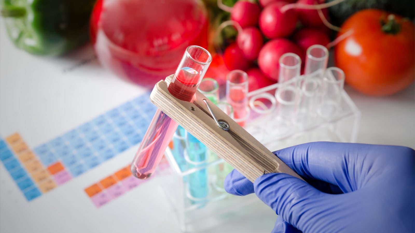 Analyst in gloves takes test tube. Genetically modified food concept.