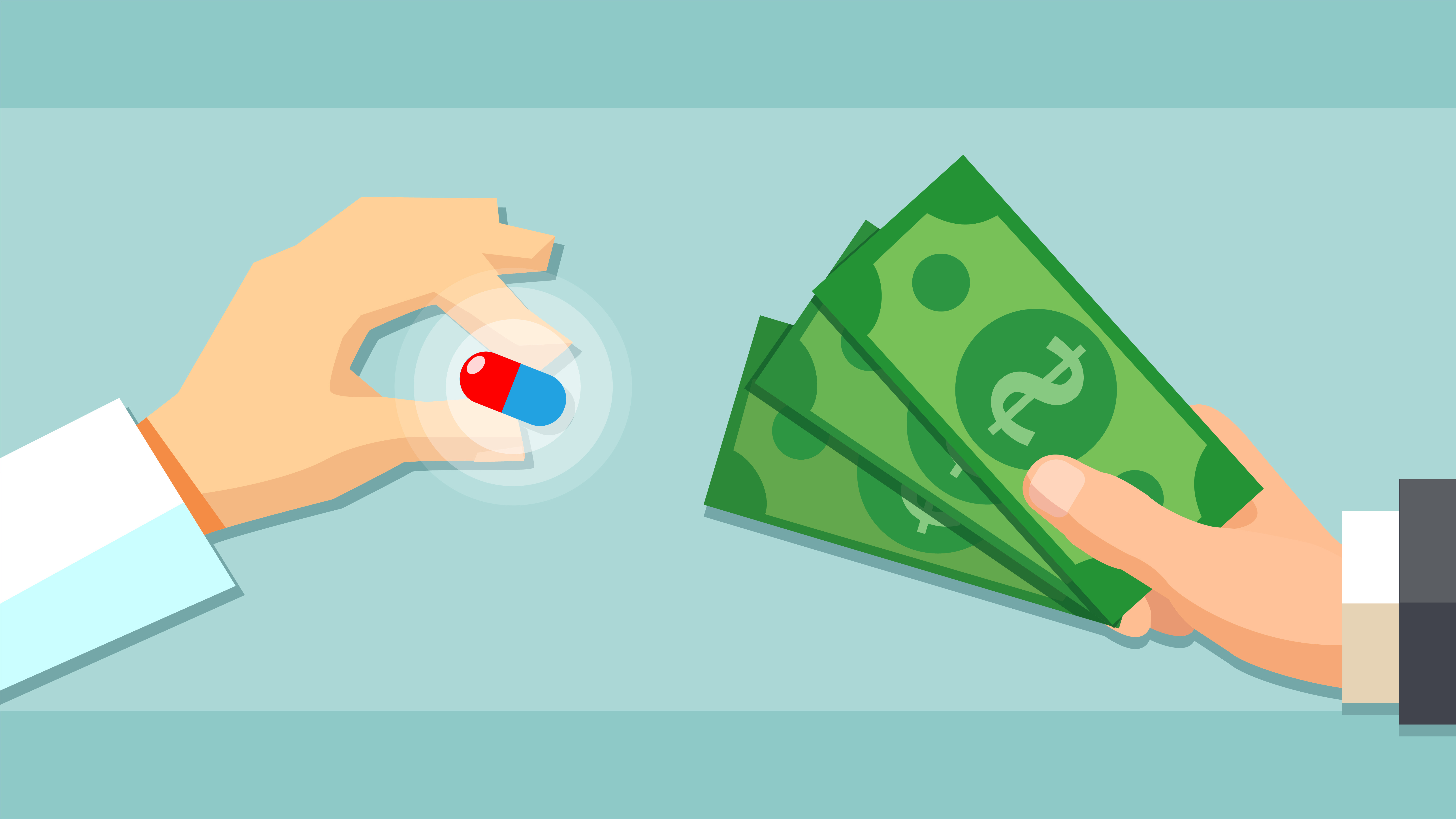 Buying medical pills drugs concept. Pharmacy store. Flat style vector icon