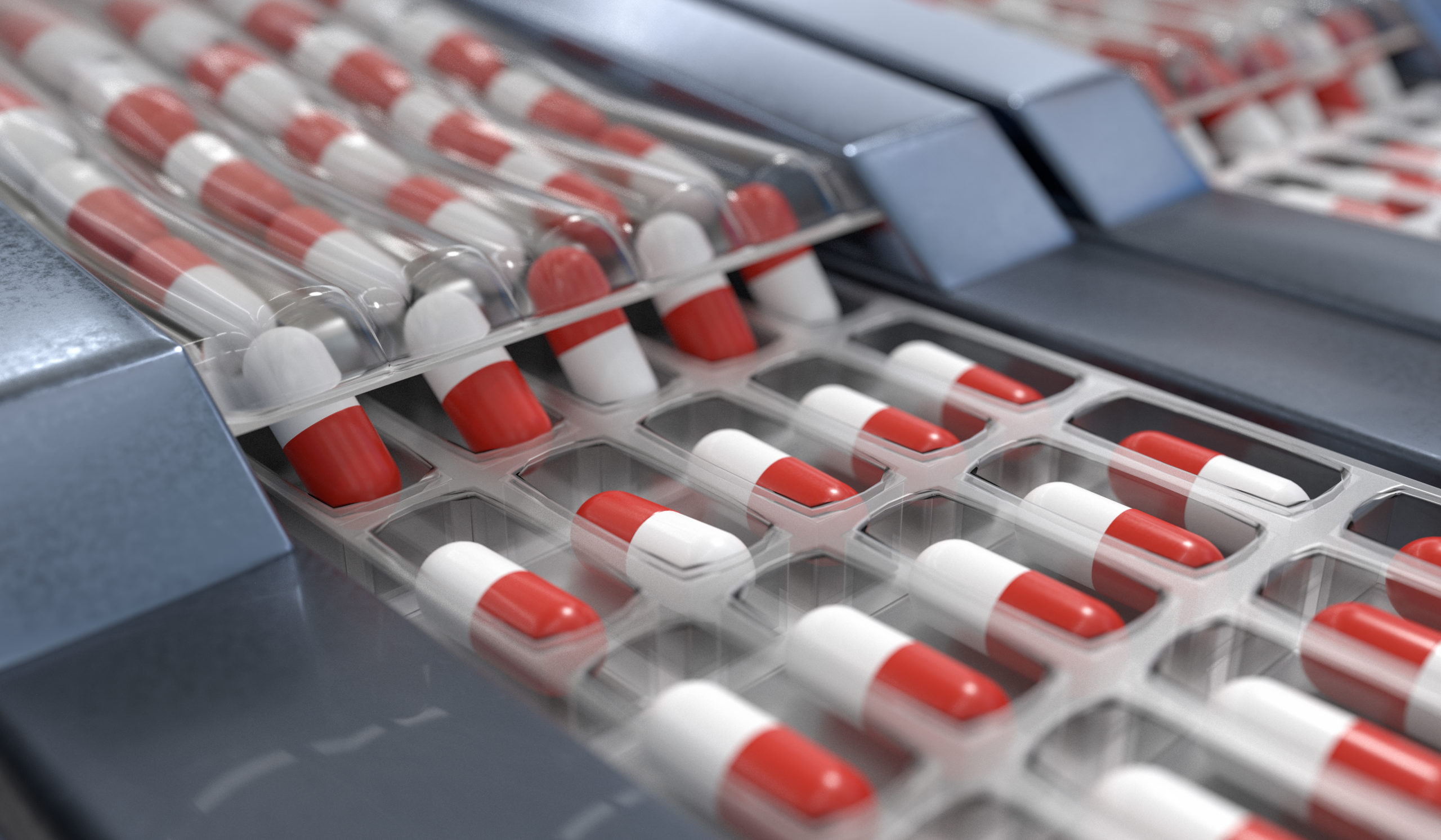 Red and white capsules in pharmaceutical production line. 3D rendered illustration.