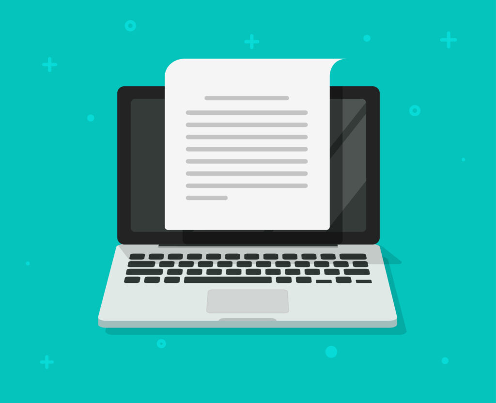 Text document writing on computer vector illustration, flat cartoon laptop screen with article page reading icon symbol isolated, concept of blogging or letter creation clipart