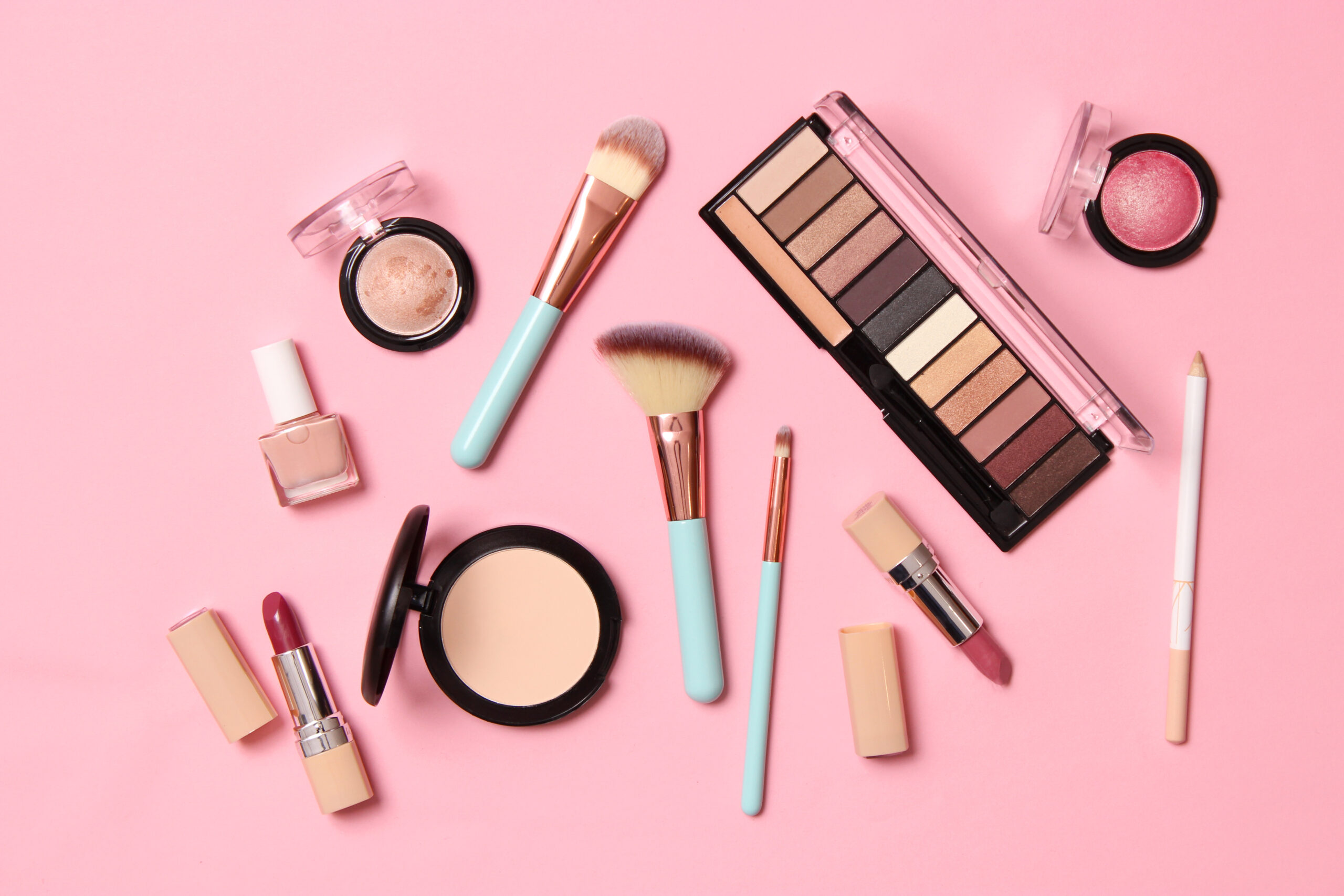 professional makeup tools. Makeup products on a colored backgro